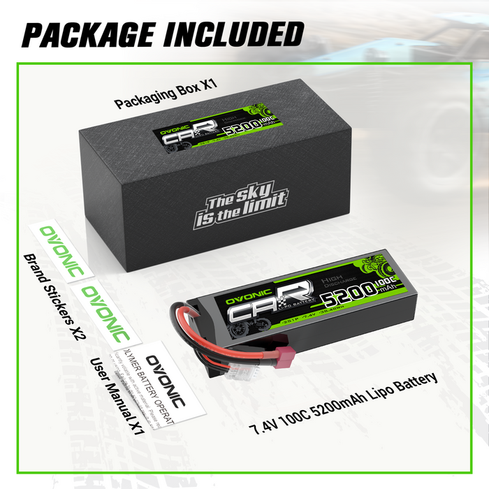 2-Pack Ovonic 2S 7.4V 5200mAh 100C Hardcase LiPo Battery with Deans Plug for 1/10 RC Buggy & Truck