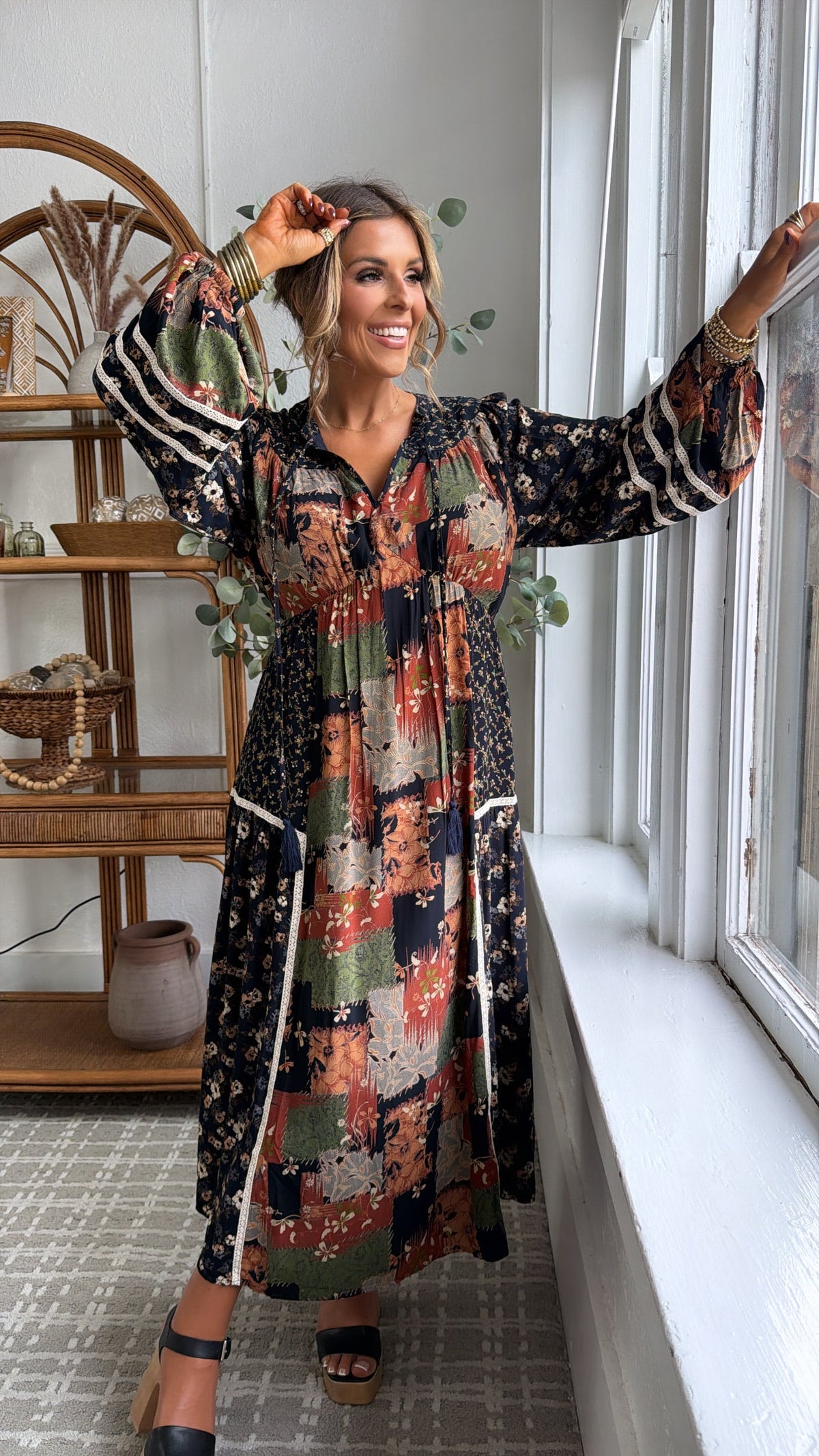 Amber Patch Midi Dress, Navy Multi