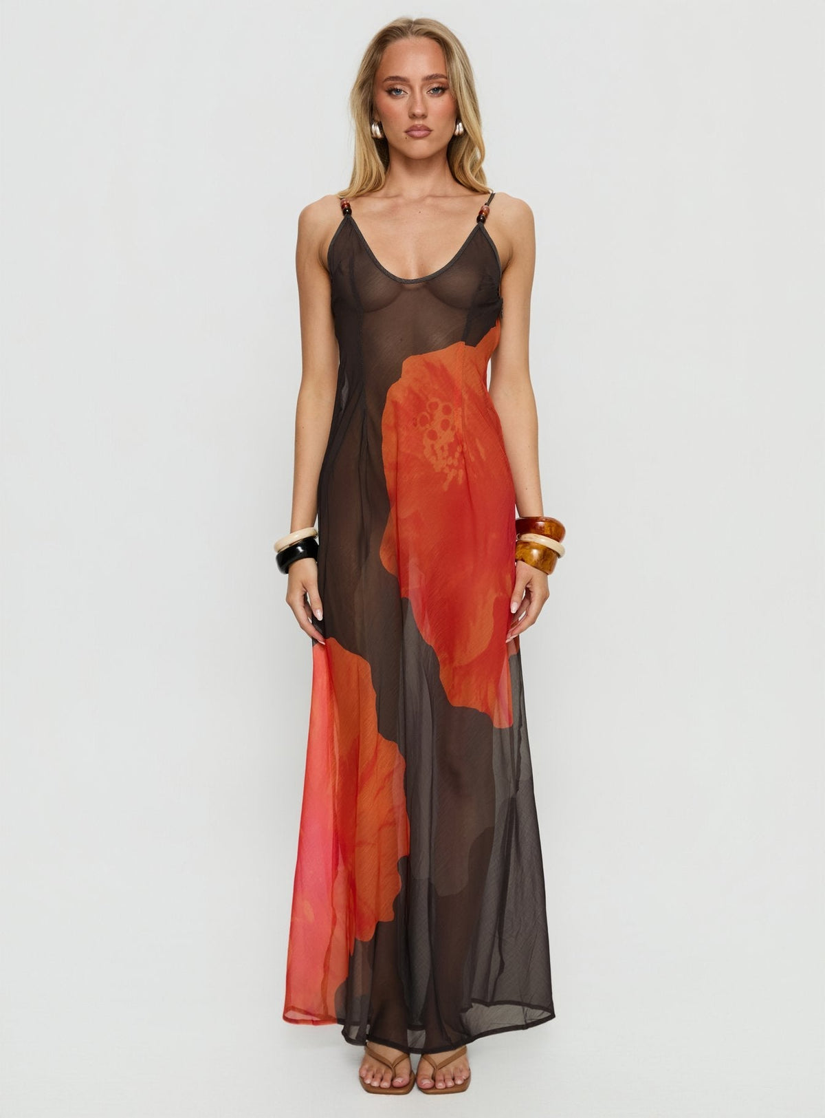 Carita Sheer Chiffon Maxi Dress Brown / Orange Floral