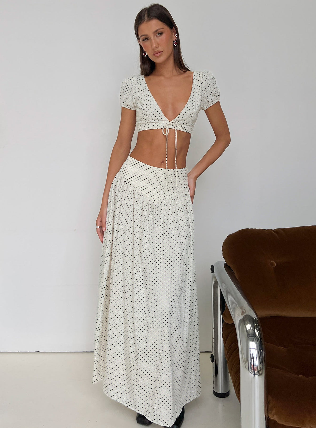 Alletta Tie Up Micro Crop Top Cream Polka