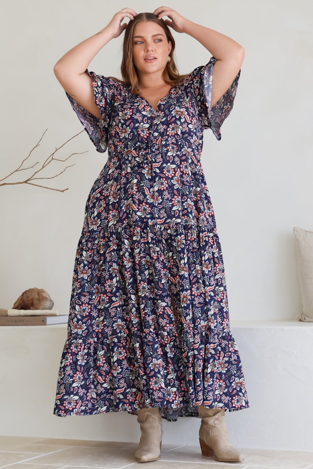 Adhira Maxi Dress - Buttoned Bodice A Line Dress With Flute Sleeves In Marla Print Navy