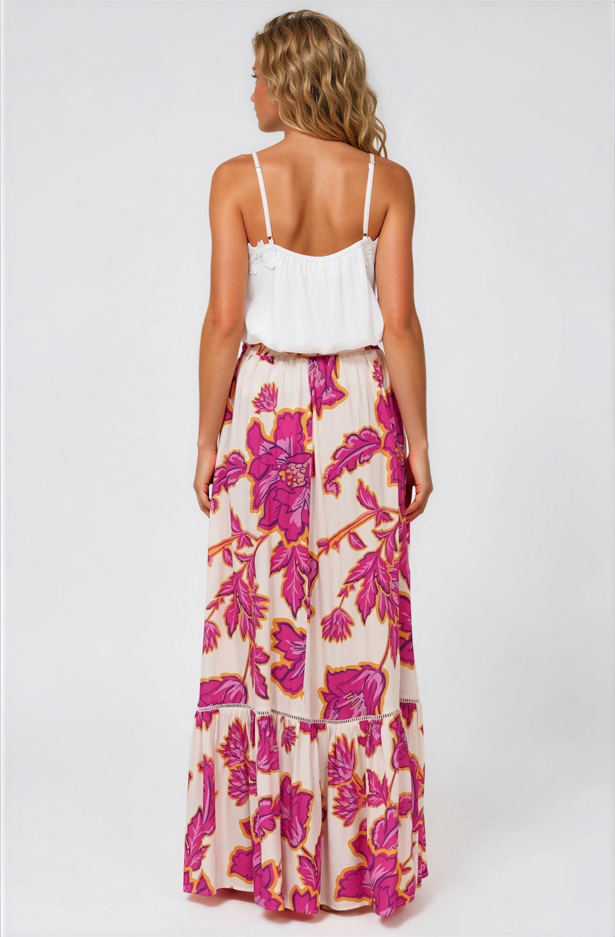 Amana Maxi Skirt - Tiered Skirt with Ladder Lace Insert Splicing in Kalia Print Cream