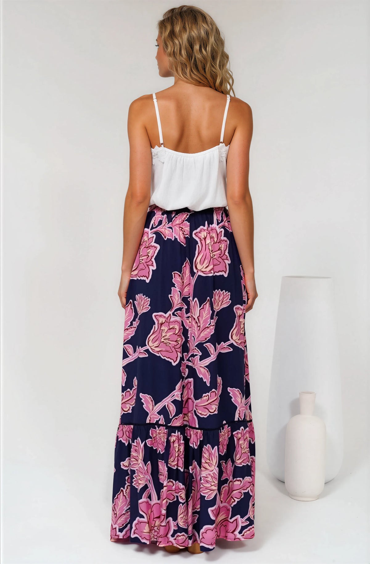 Amana Maxi Skirt - Tiered Skirt with Ladder Lace Insert Splicing in Kalia Print Navy