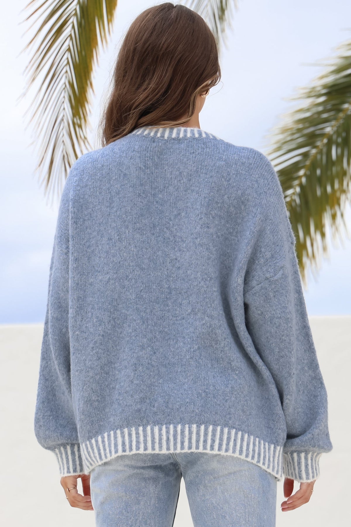 Aura Jumper - Crew Neck Jumper with Contrast Stripe Trim in Blue