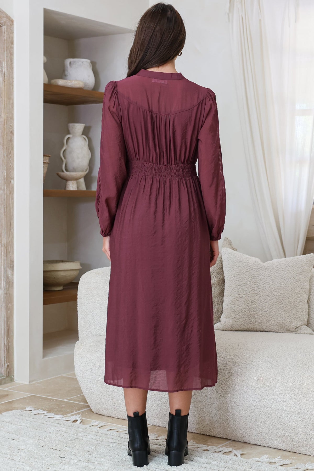 Aylon Midi Dress - Delicately Detailed Mandarin Collar Dress with Long Sleeves in Merlot