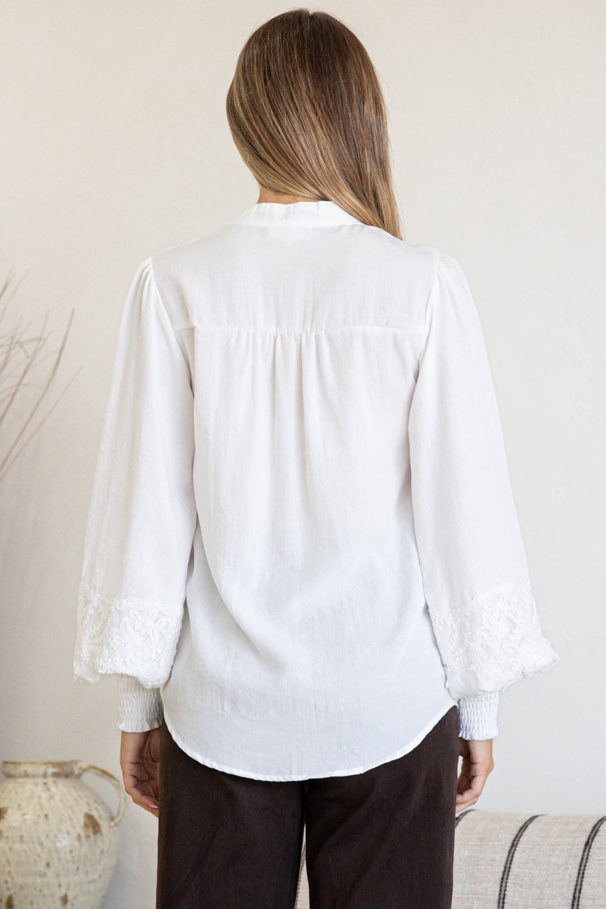 Beldon Blouse -High Mandarin Collar Button Down with Lace Motif Balloon Sleeves and Thick Shirred Cuffs in White
