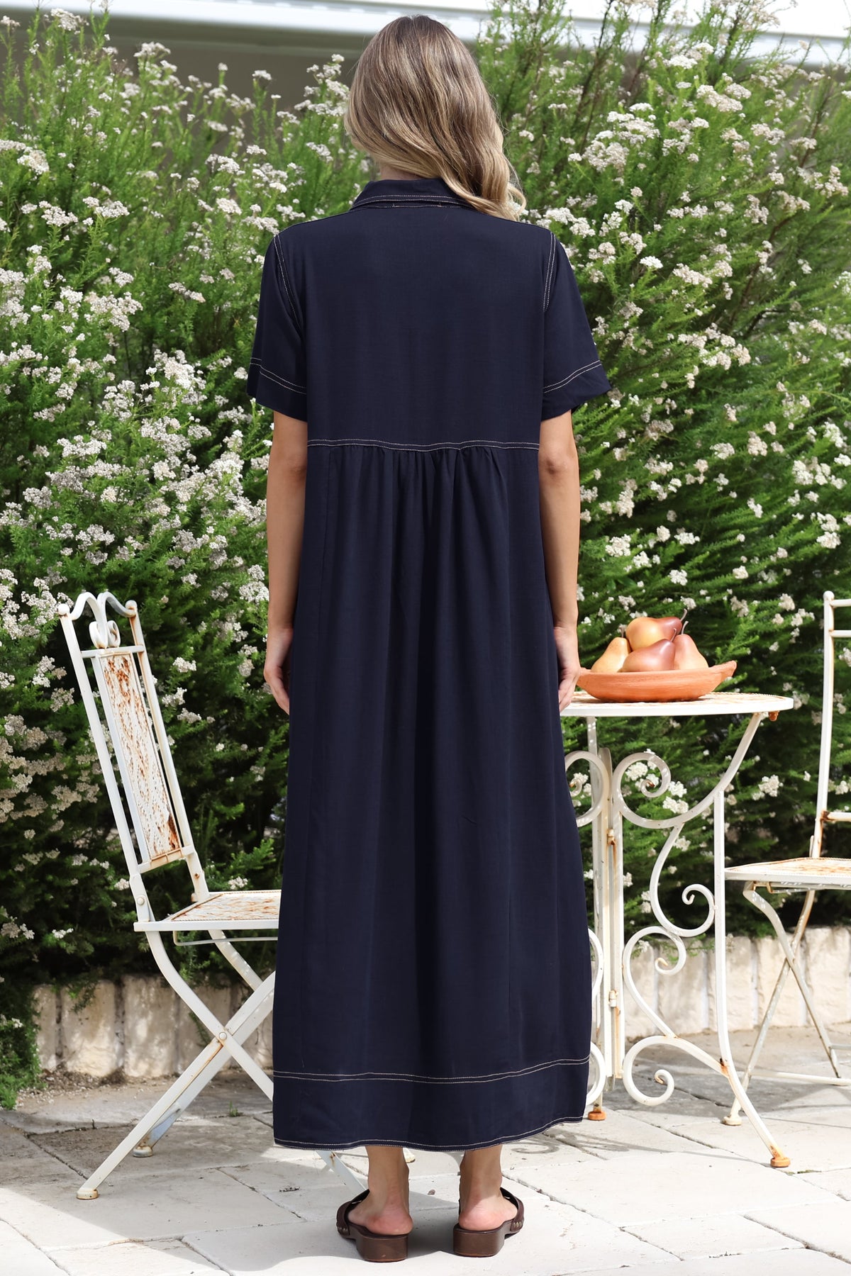 Bento Midi Dress - Wing Collar Button Down Shirt Dress with Contrast Stitching in Indigo