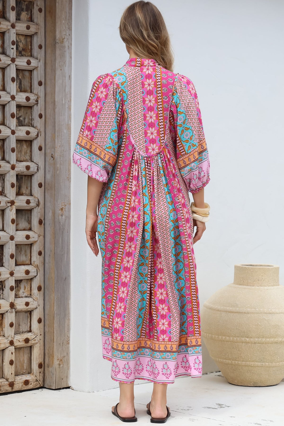 JAASE - Boheme Midi Dress: Piping Defined Bust Slimline Smock Dress in Cedella Print