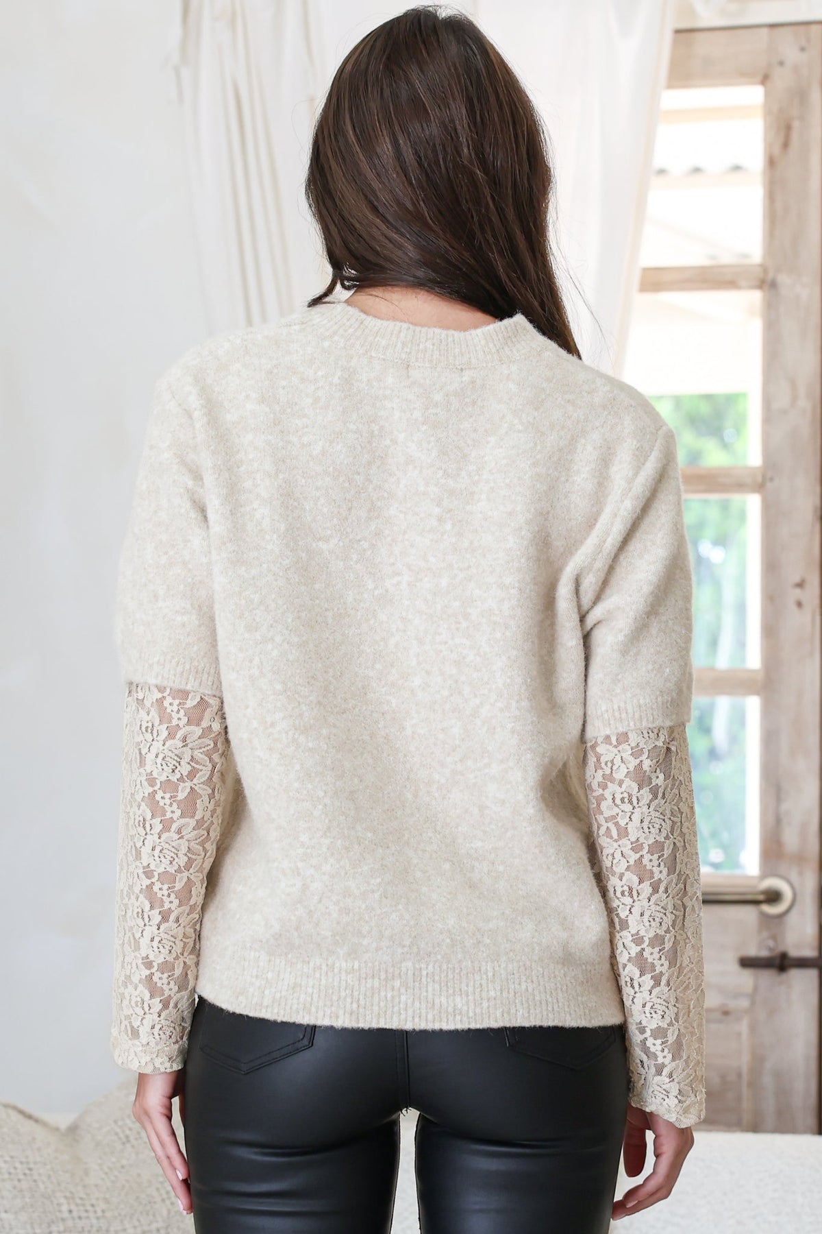 Calloway Knit Top - Crew Neck Knit with Lace Sleeve Inserts in Cream
