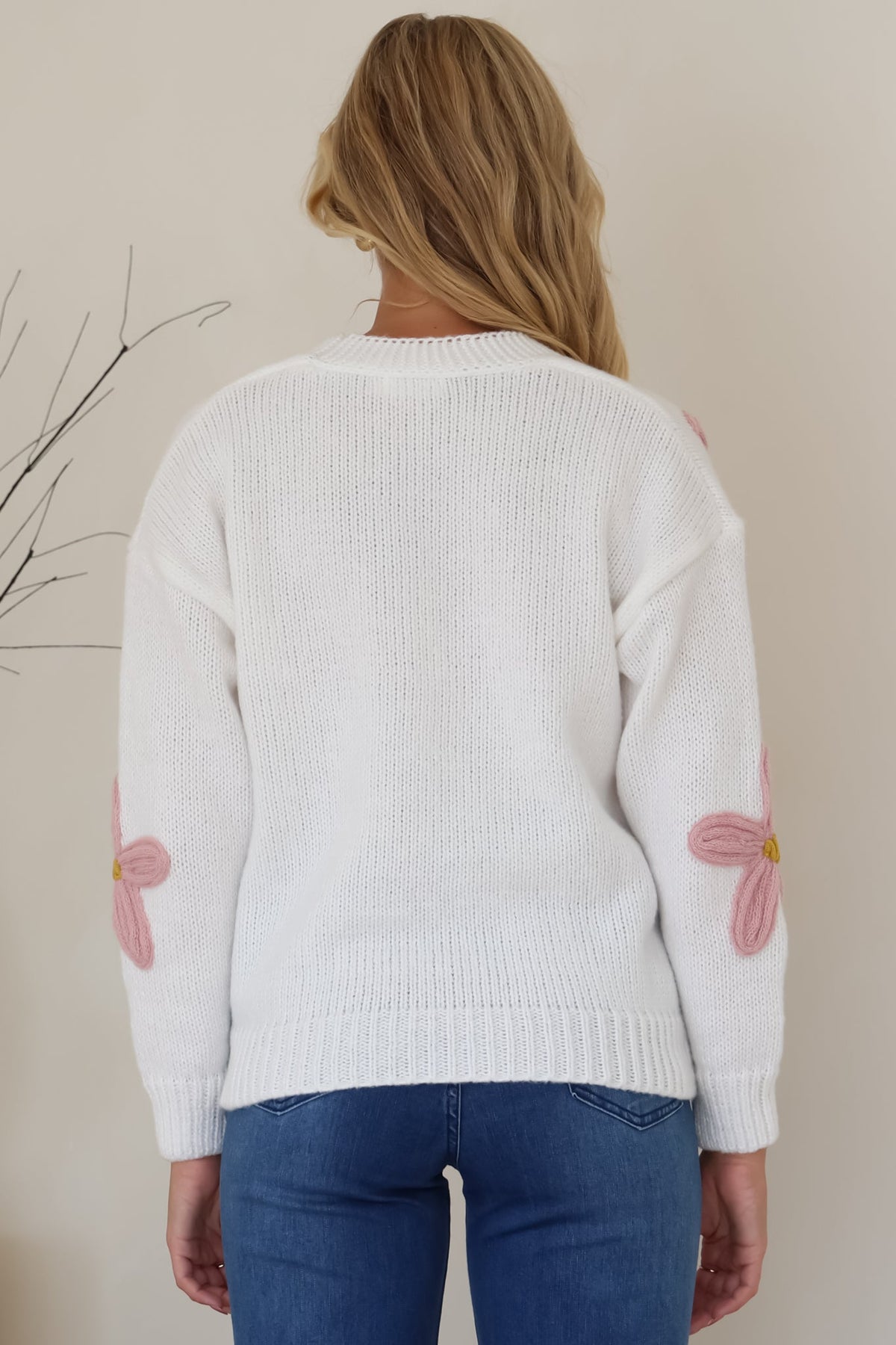 Daisy Belle Cardigan - Cropped Thick Knit Cardigan with Flower Decals in White