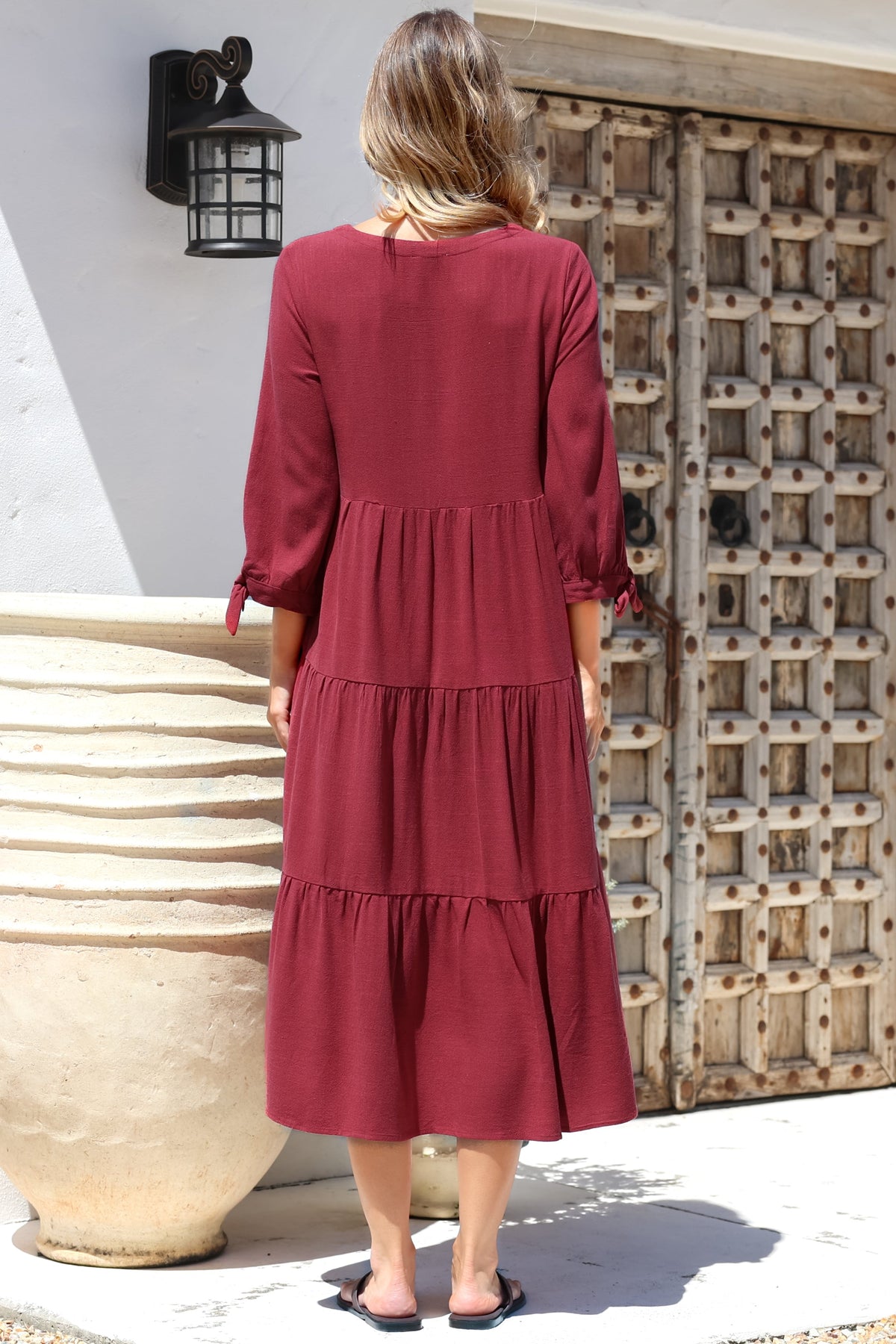 Elisabette Midi Dress - V-Neck Tiered Linen Dress with 3/4 Tie Cuff Sleeves in Rust