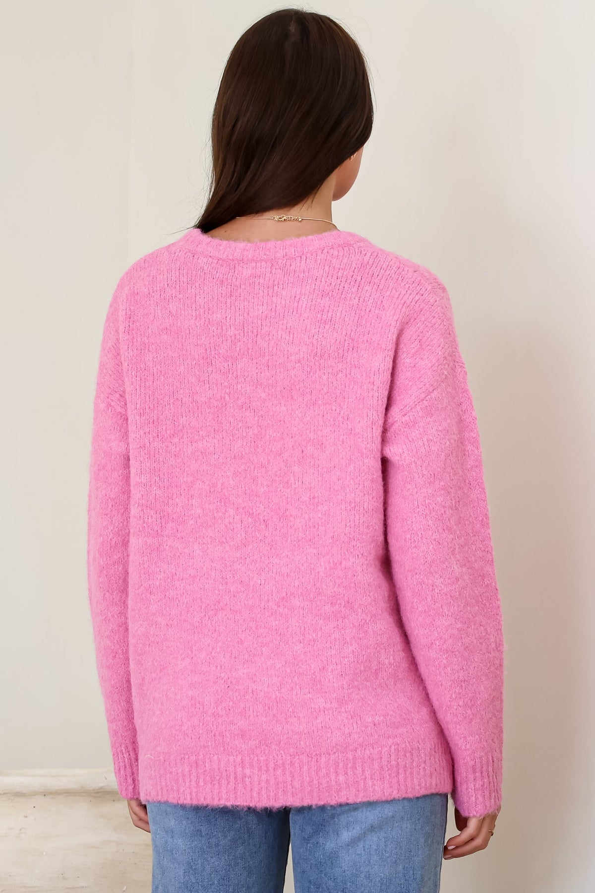 Ellie Jumper - Crew Neck Pull Over Contrast Heart Print Knit in Pink