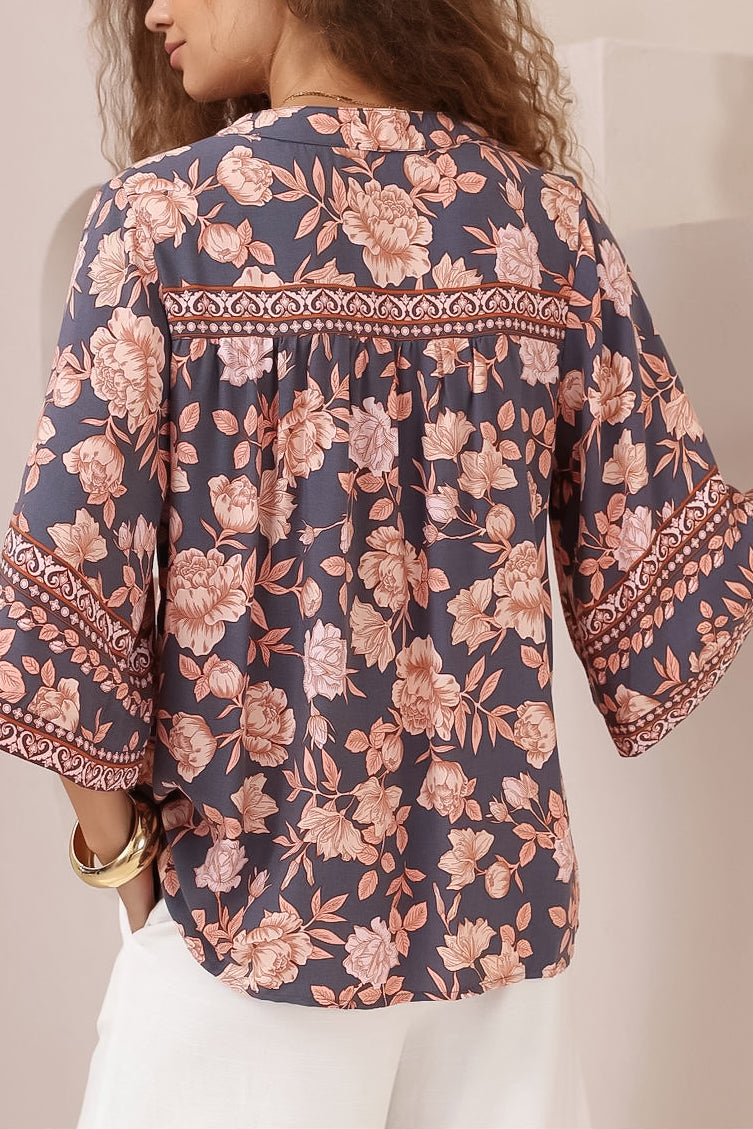 Elysia Blouse - Deep V Neck Button Down 3/4 Sleeve Top in Leandra Print