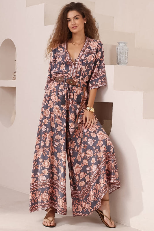 Elysia Blouse - Deep V Neck Button Down 3/4 Sleeve Top in Leandra Print
