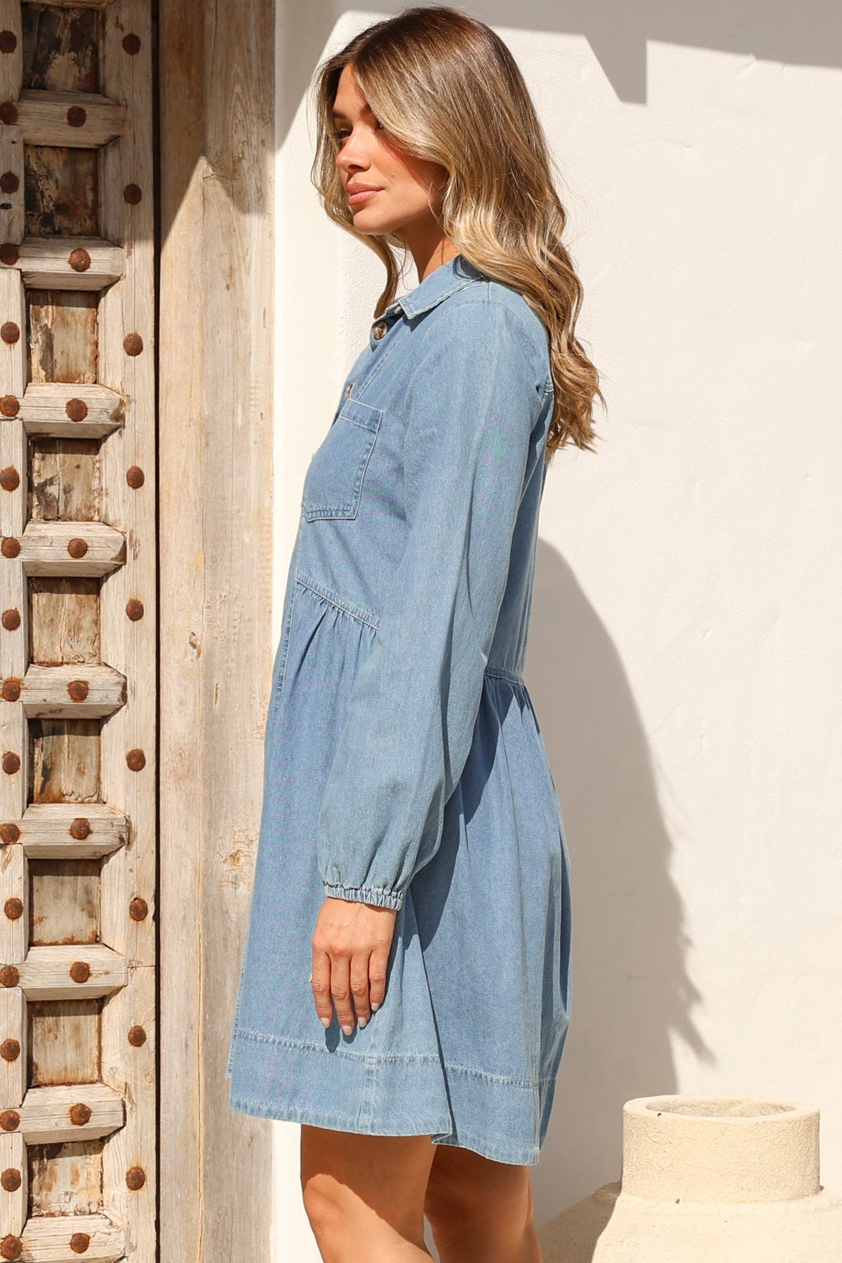 Gerri Mini Dress - Wing Collar Button Down Smock Denim Dress in Mid Denim Wash