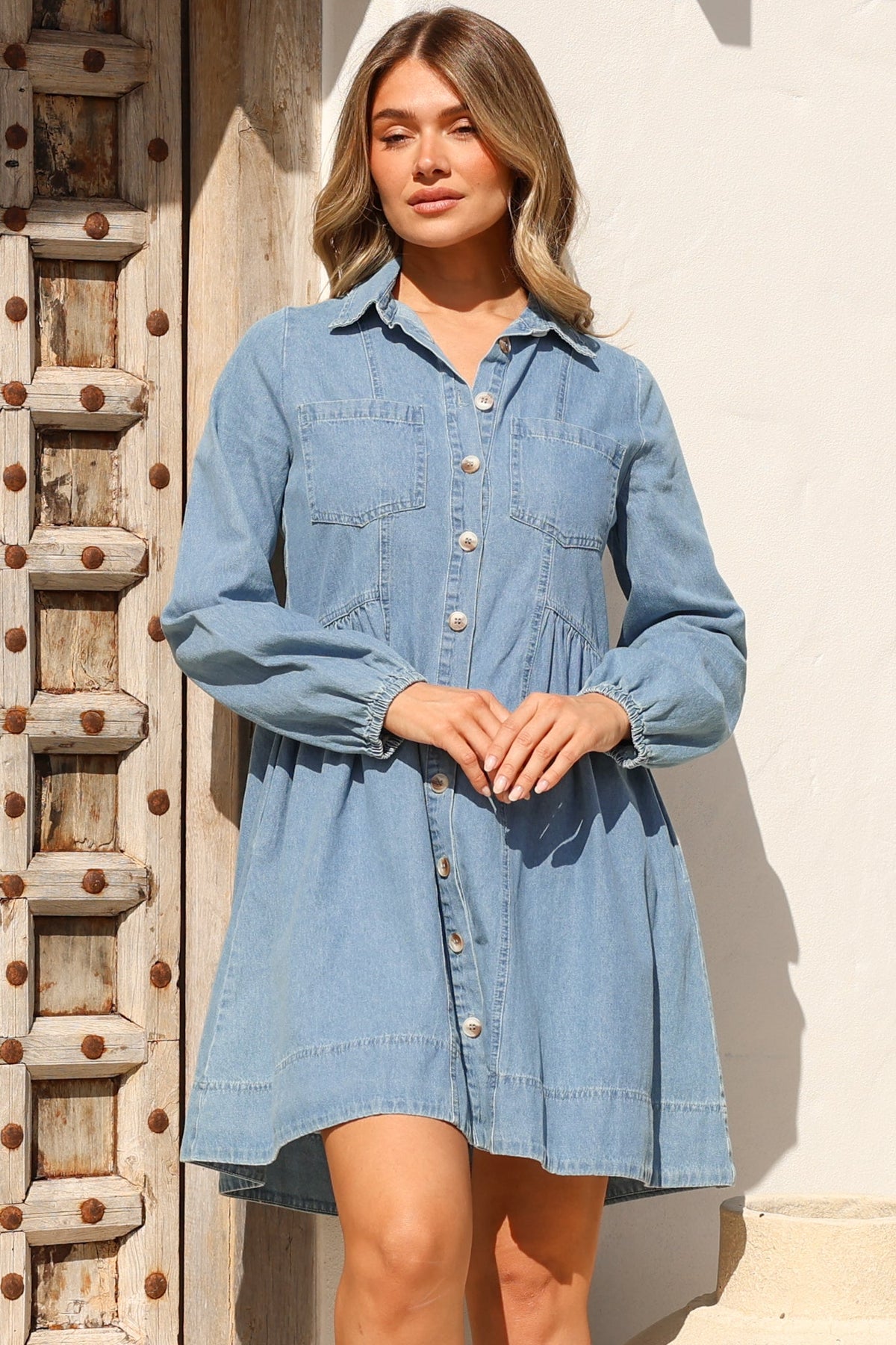 Gerri Mini Dress - Wing Collar Button Down Smock Denim Dress in Mid Denim Wash