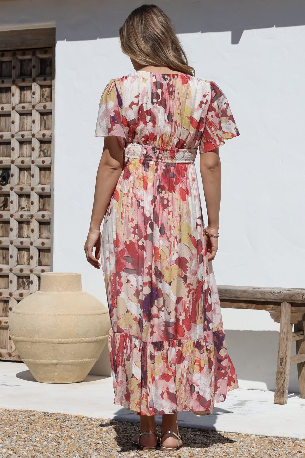 Glades Maxi Dress - V Neck Shirred Waist A Line Dress in Kamara Print Red