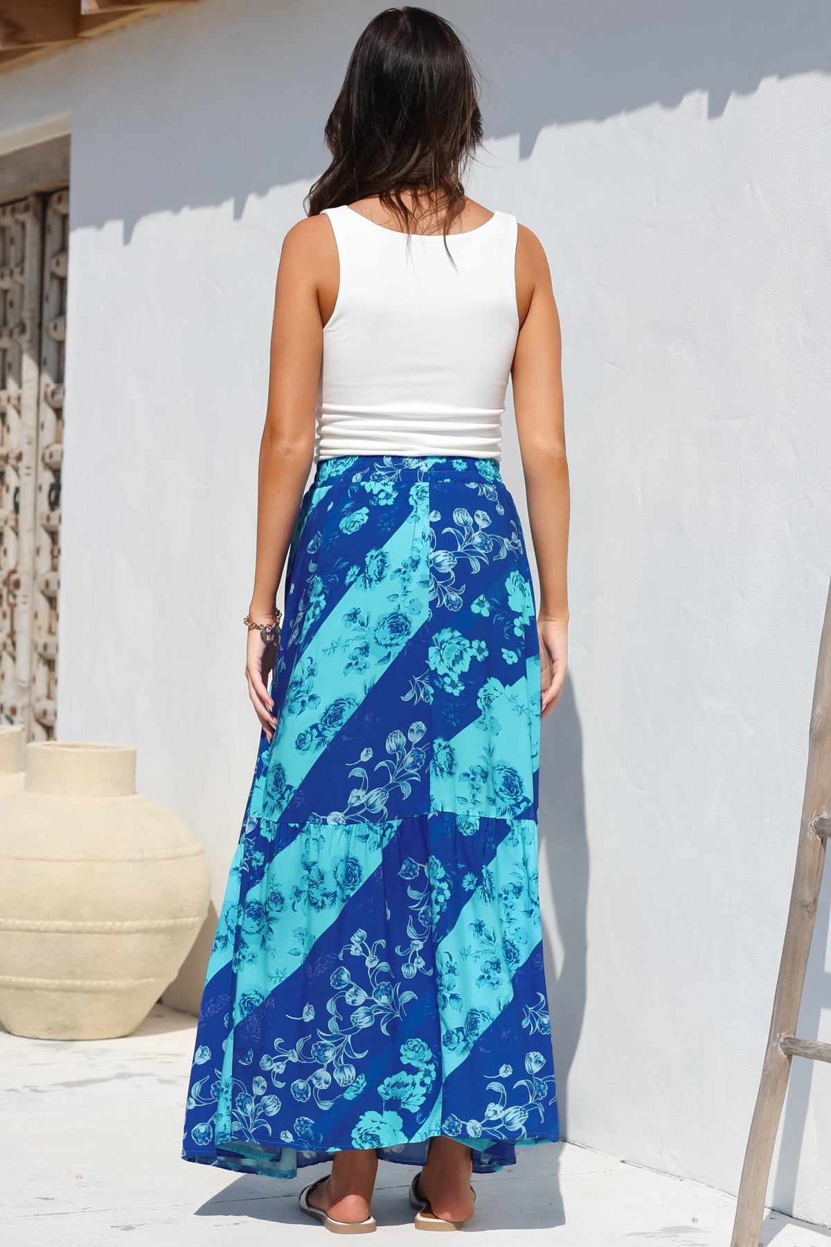 Hellen Maxi Skirt - High Waisted Skirt with Front Splits in Clavelle Print Blue
