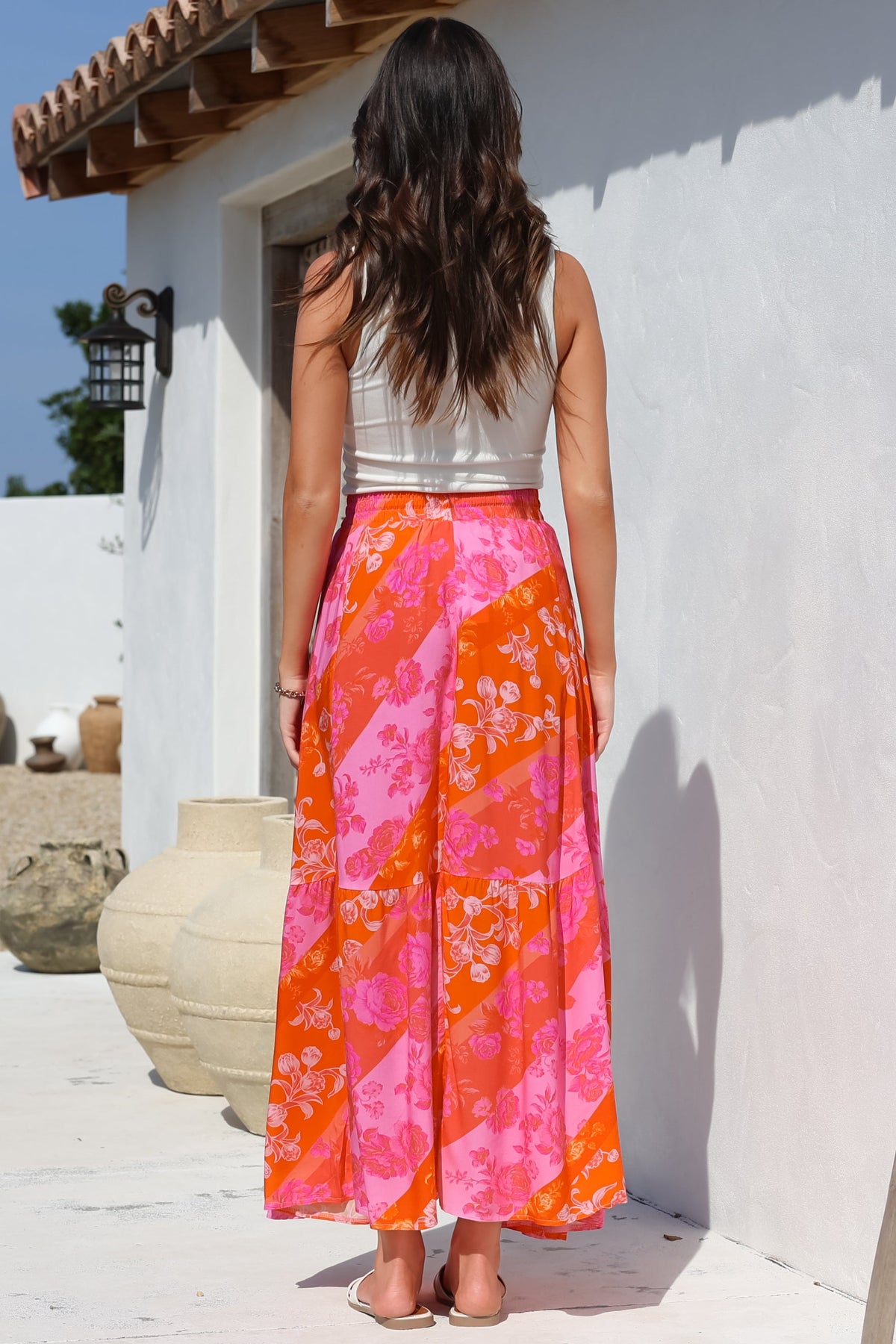 Hellen Maxi Skirt - High Waisted Skirt with Front Splits in Clavelle Print Pink
