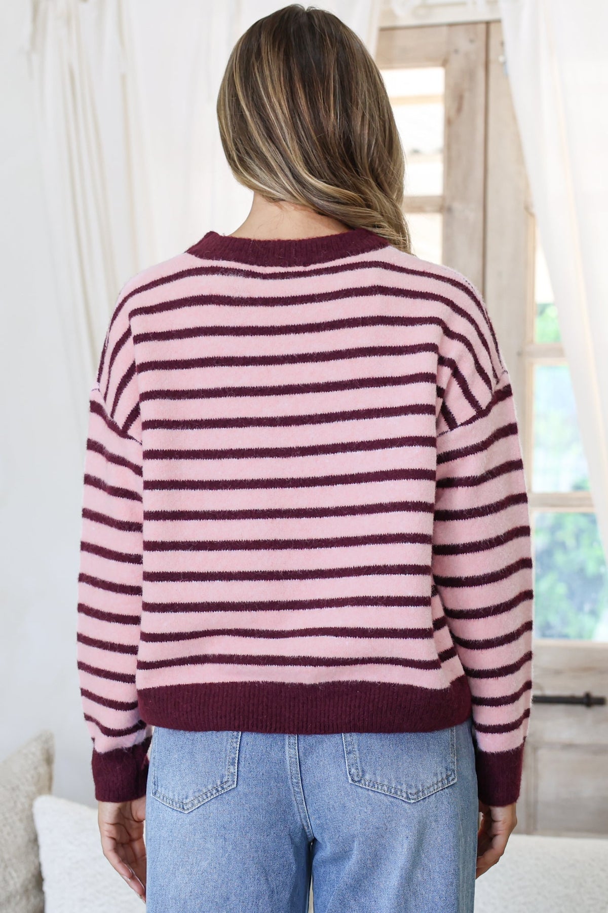Hershey Jumper - Crew Neck Striped Ribbed Hem Knit in Pink/Wine