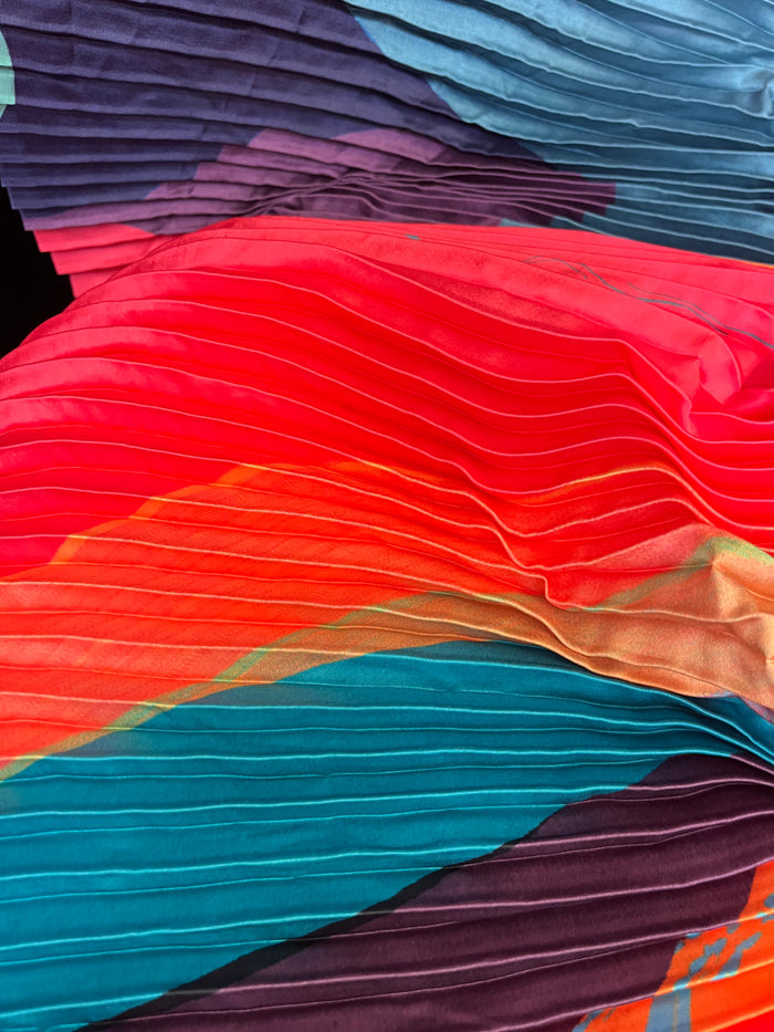 Abstract Print Pleated Poly - Coral, Teal & Orange