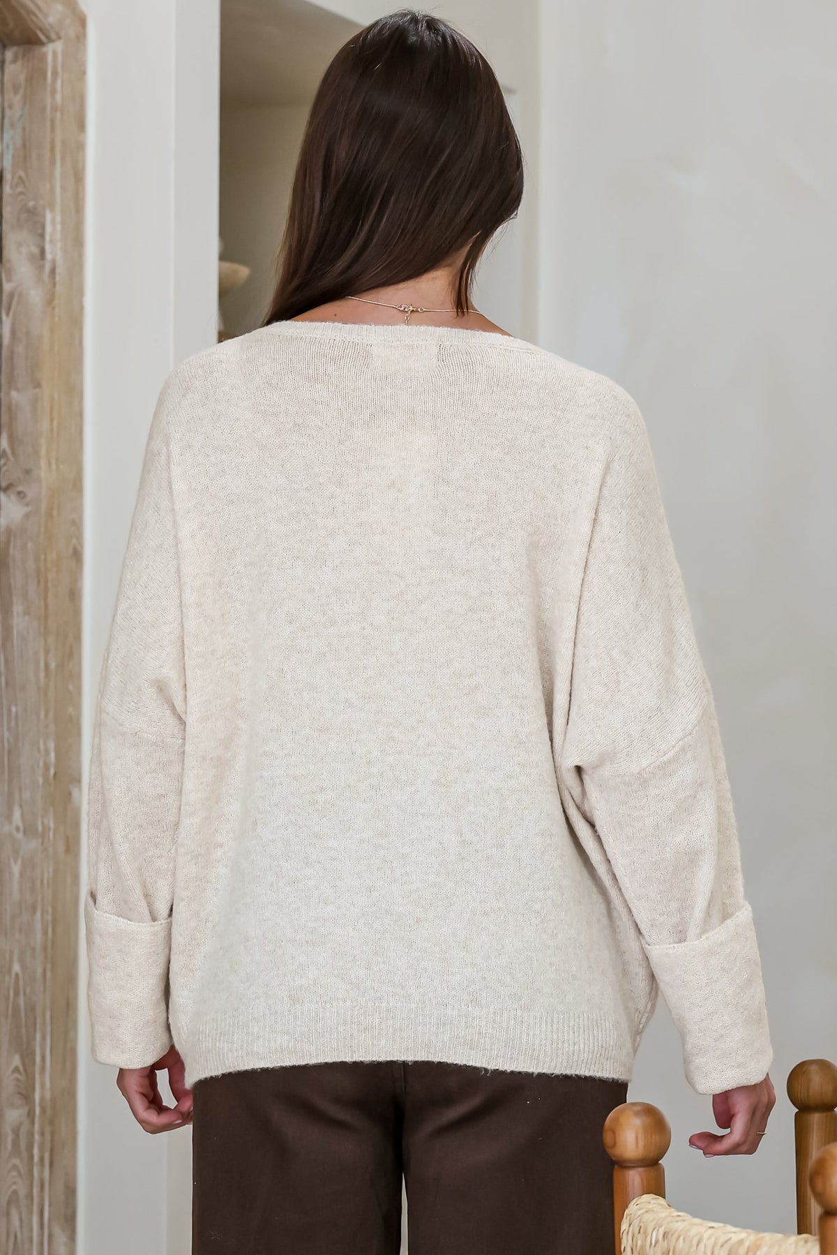 Joanne Knit Top - Crew Neckline Bat Wing Long Sleeve Top in Oatmeal
