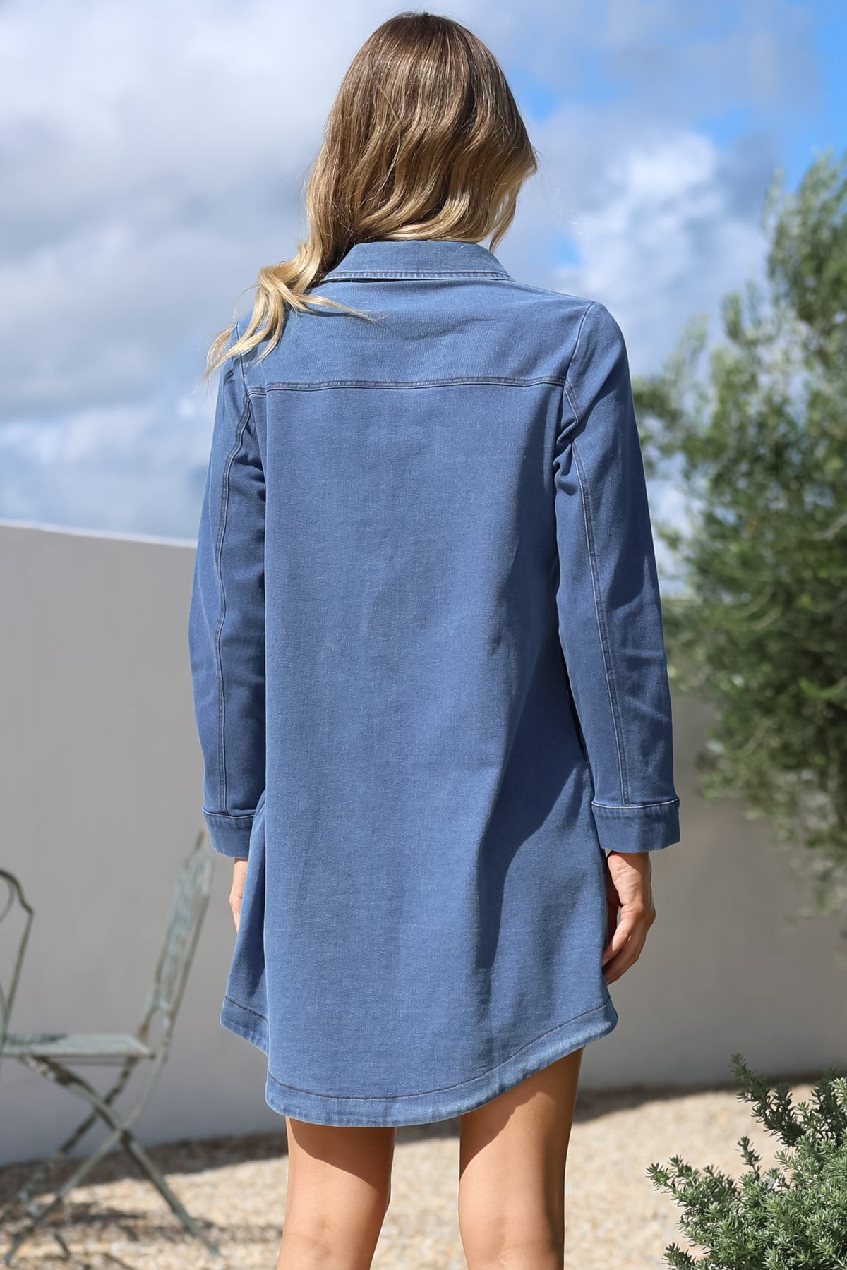 Kaylee Mini Dress - Collared Button Down with Scoop Hemline and Long Sleeves in Denim Blue