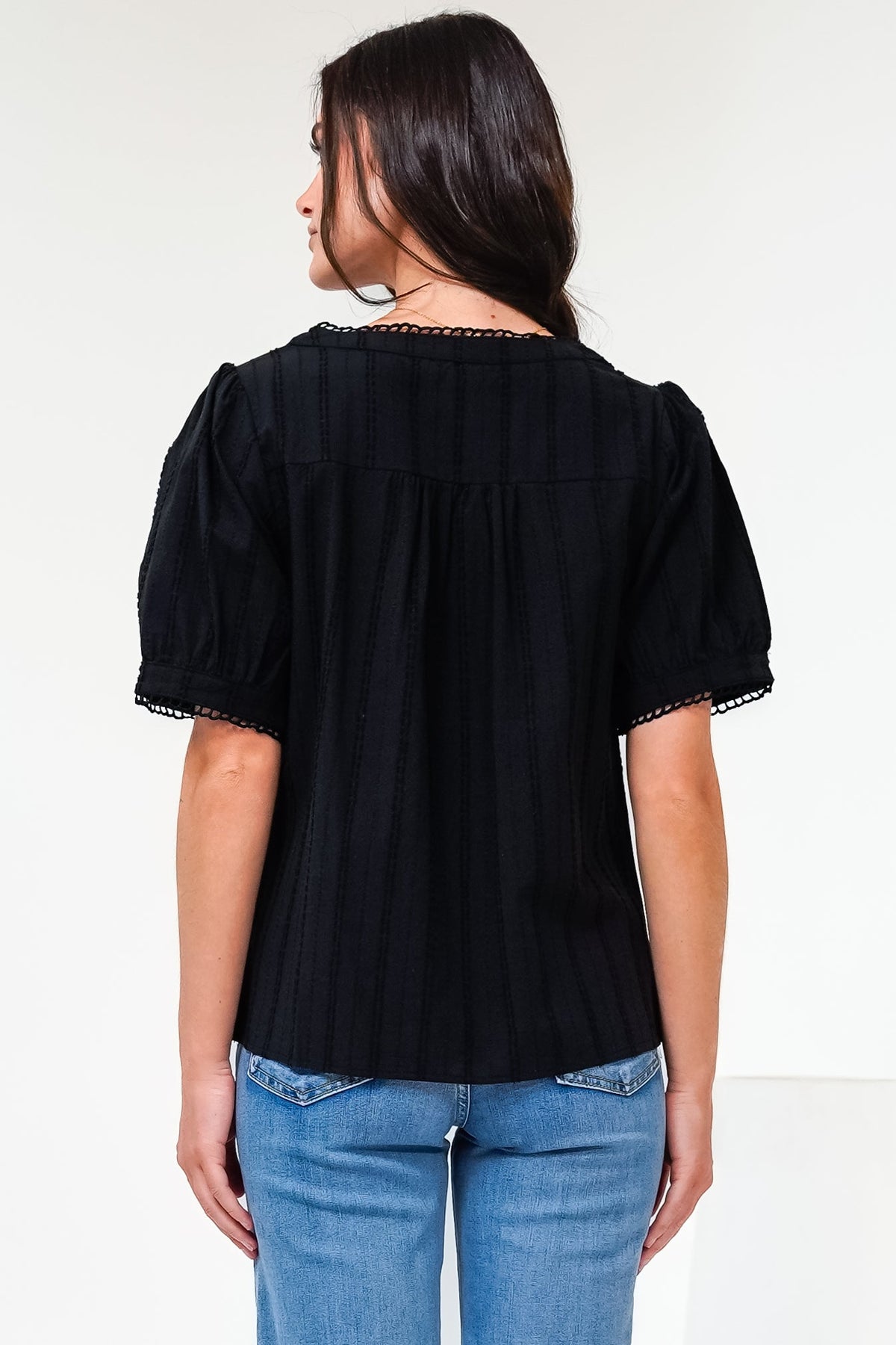 Loyalty Top - Textured V-Neck Split Collar Top with Puff Sleeves and Scallop Trims in Black