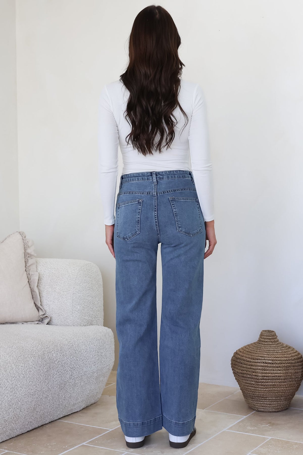 Marsha Jeans - High Waisted Wide Leg Jean with Front Seam Detail in Mid Denim Wash