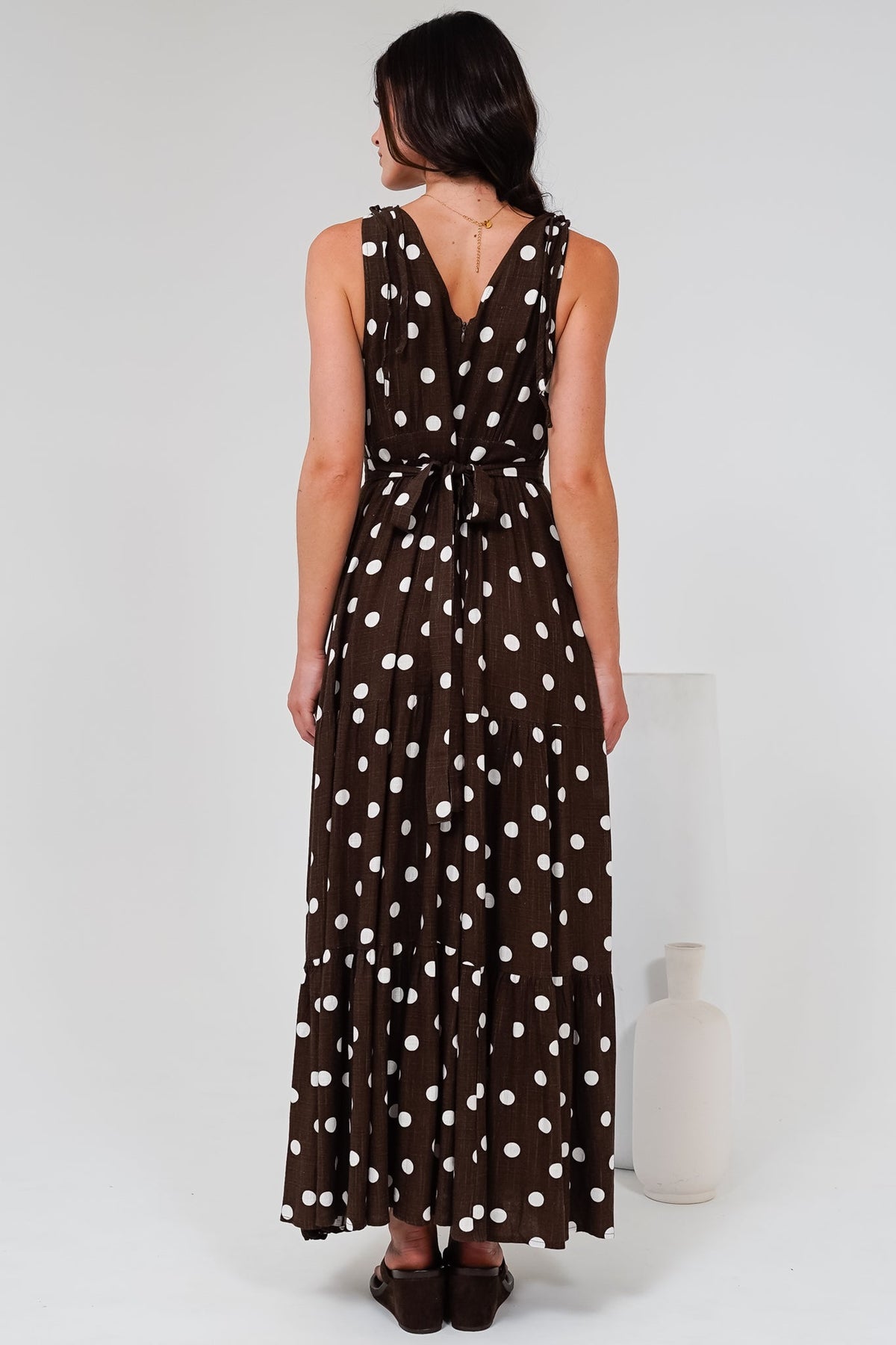 Maude Maxi Dress - Deep V-Neck Ties on Shoulders Tiered Dress in Kitson Spot Print Chocolate
