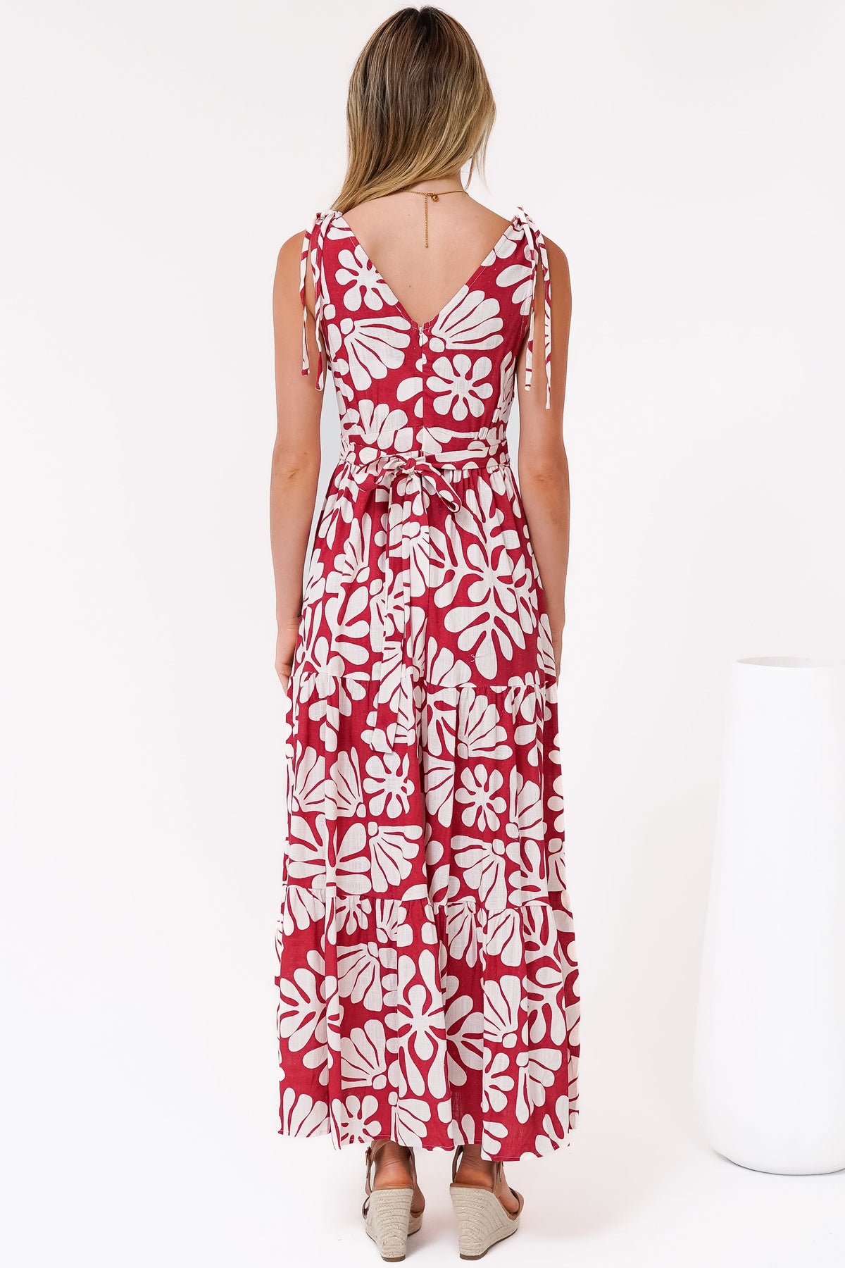 Maude Maxi Dress - Deep V-Neck Ties on Shoulders Tiered Dress in Lunie Print Red