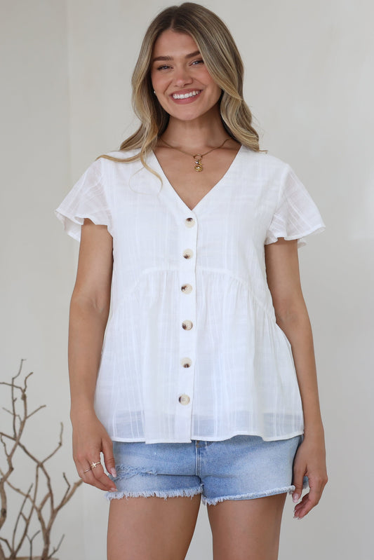 Mitzy Top - Textured Button Down Top with Cap Sleeves in White
