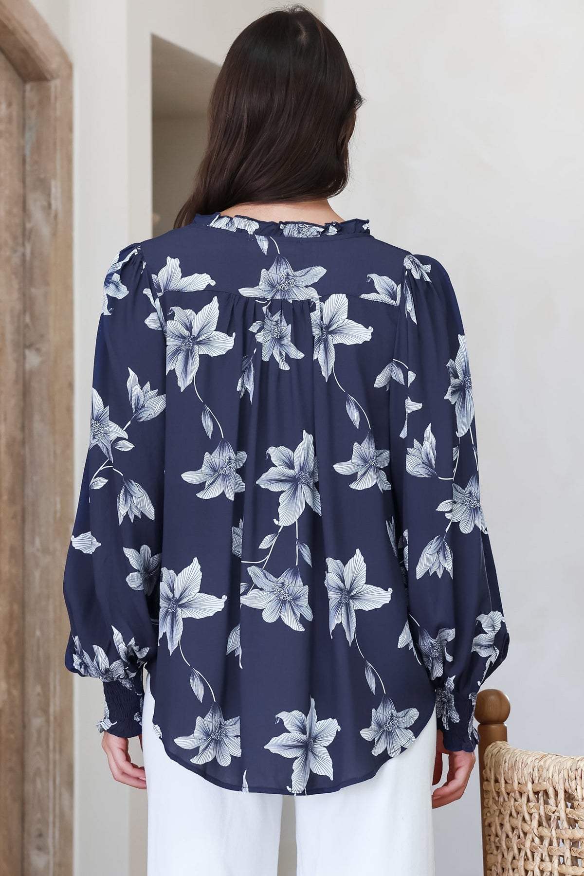 Moree Blouse - Frill Collar Neck Tie Button Down Shirt in Midnight Lily Print