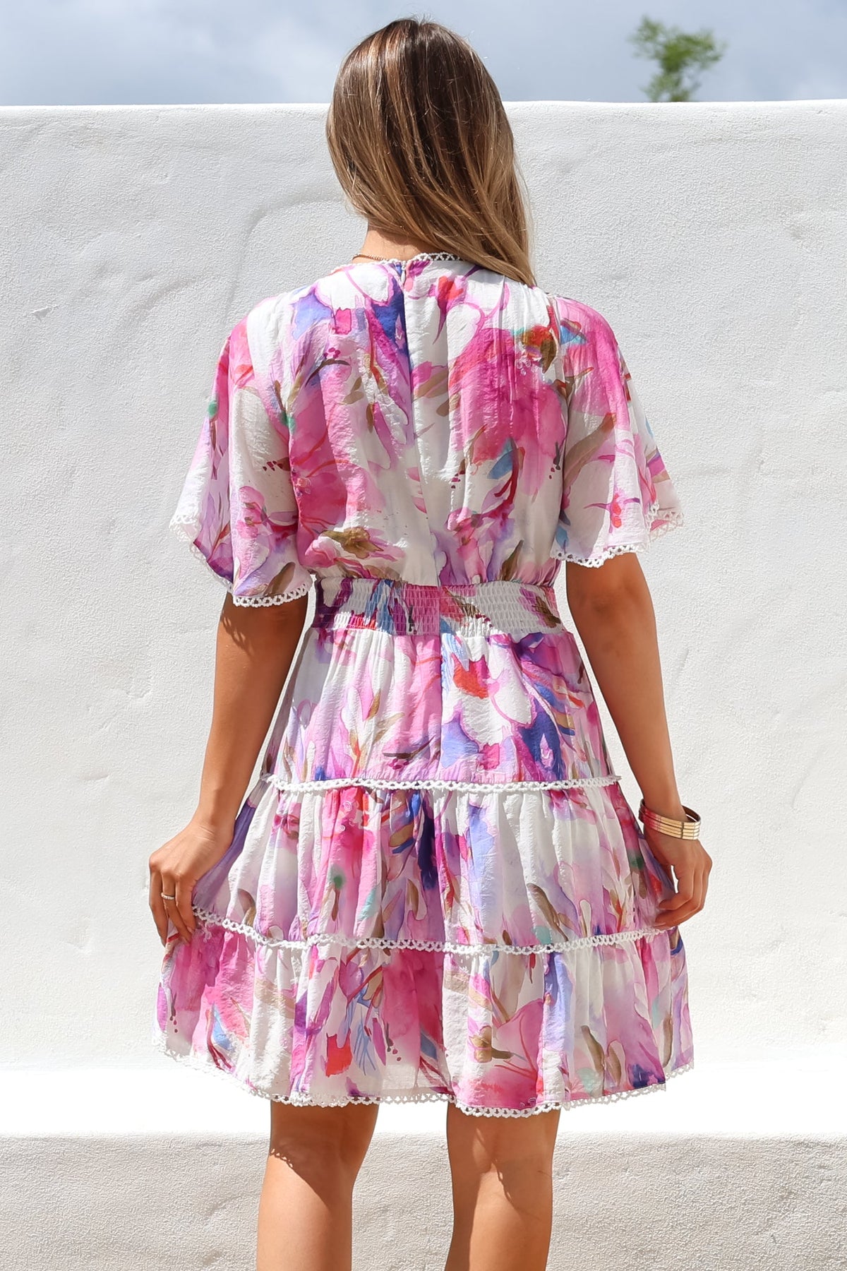Nessie Mini Dress - Lace Trim Tiered Dress with Flutter Sleeves in Calliope Print Pink