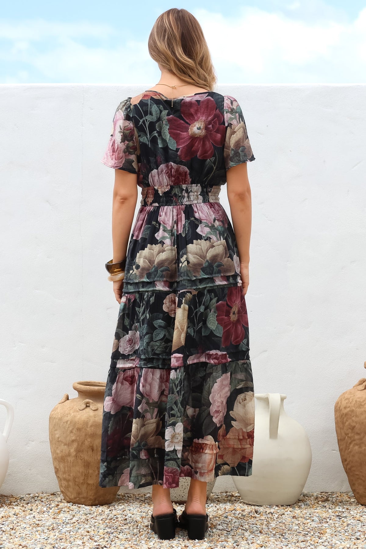Payton Maxi Dress - Pleat Detailed A-Line Dress with Cap Flutter Sleeves in Annalisa Print