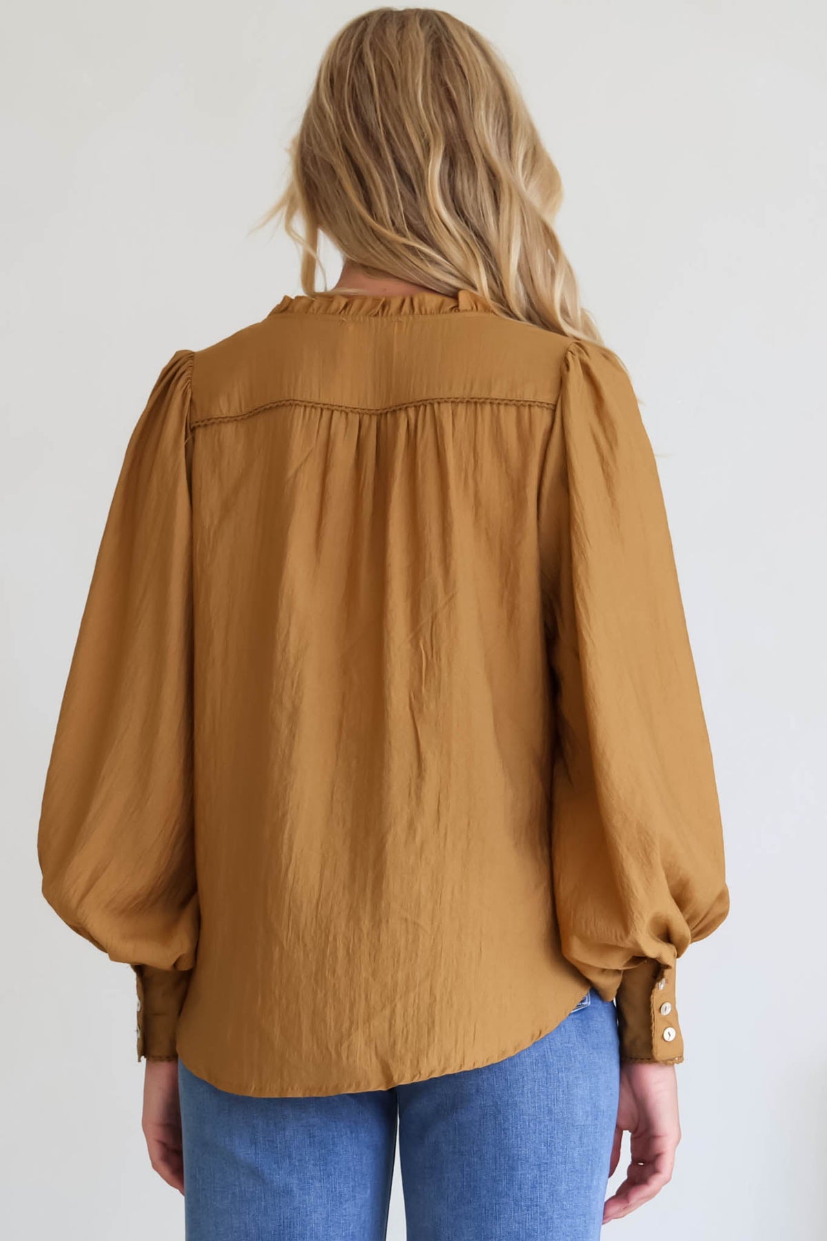Perrio Blouse - Frill Collar Button Down Balloon Sleeve Shirt in Tan