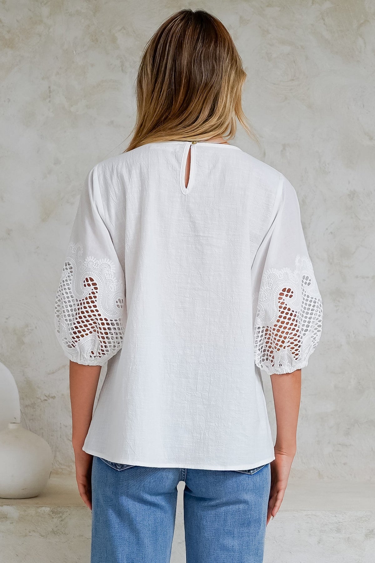 Polly Top - Round Neck Relaxed Top with Cut Out Detailed Balloon Sleeves in White