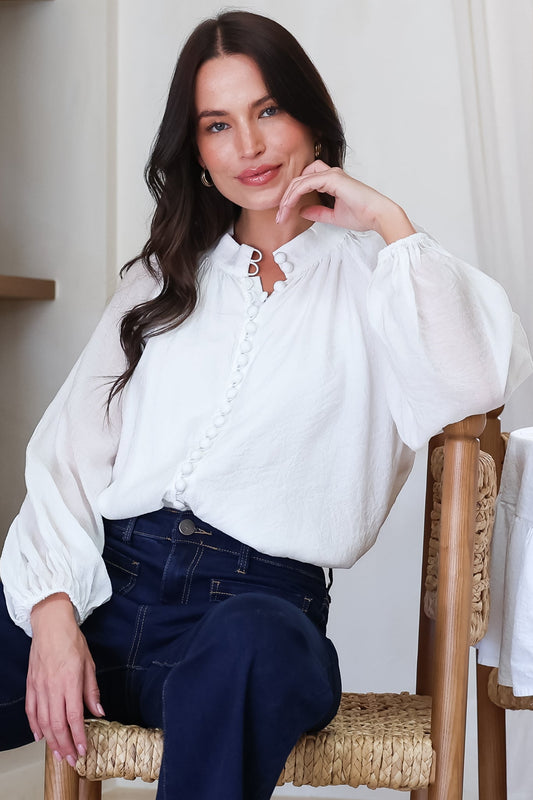Portia Blouse - Button Down Mandarin Collar Shirt in Cream