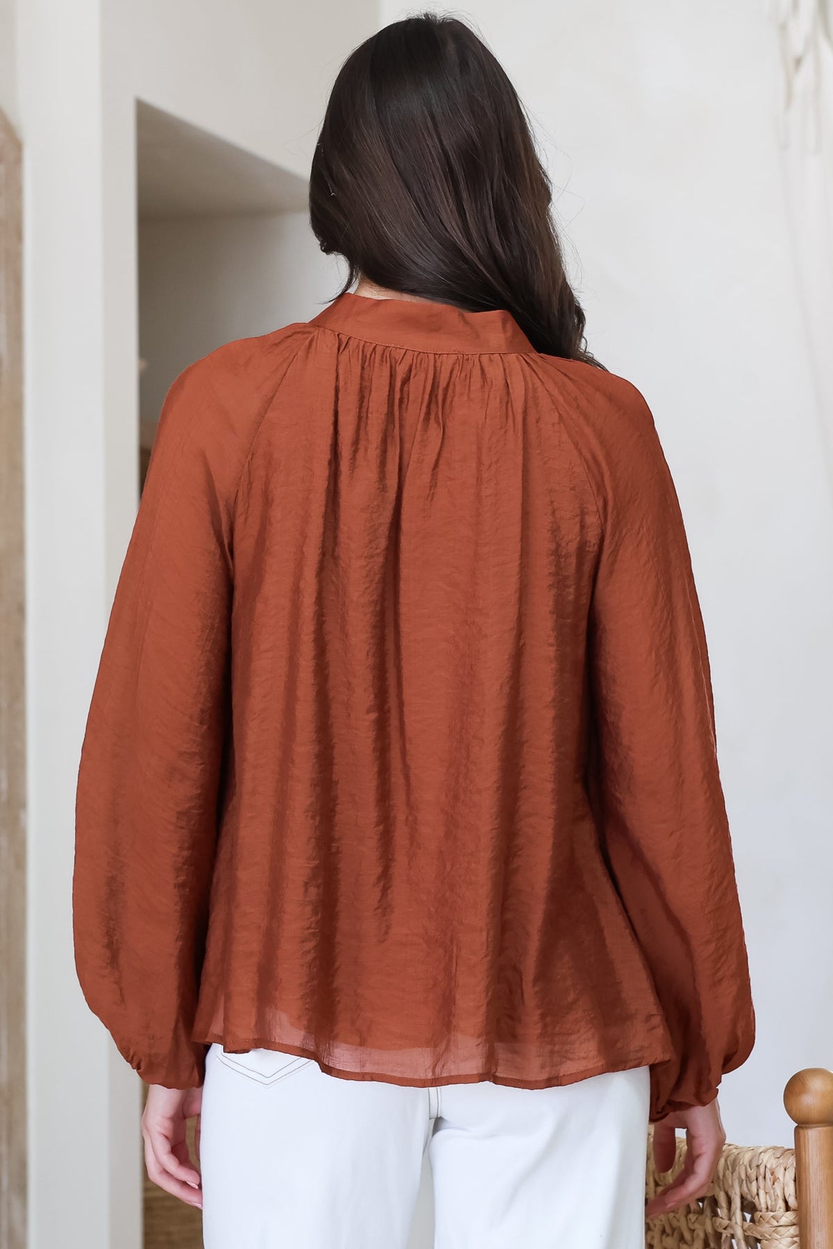 Portia Blouse - Button Down Mandarin Collar Shirt in Rust