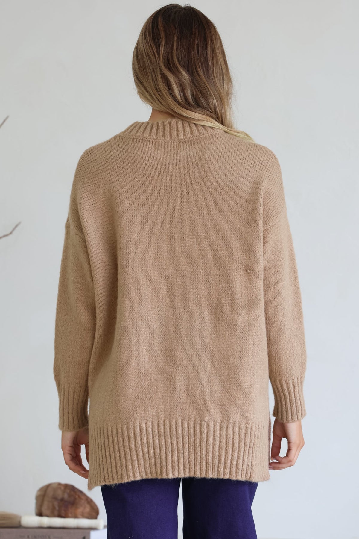 Sammy Jumper - Crew Neck Ribbed Shark Bite Hemline Jumper in Camel