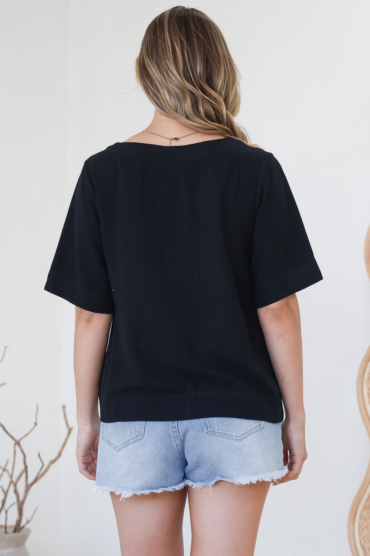 Shandy Top - V-Neck Boxy High Low Top with Short Sleeves in Black