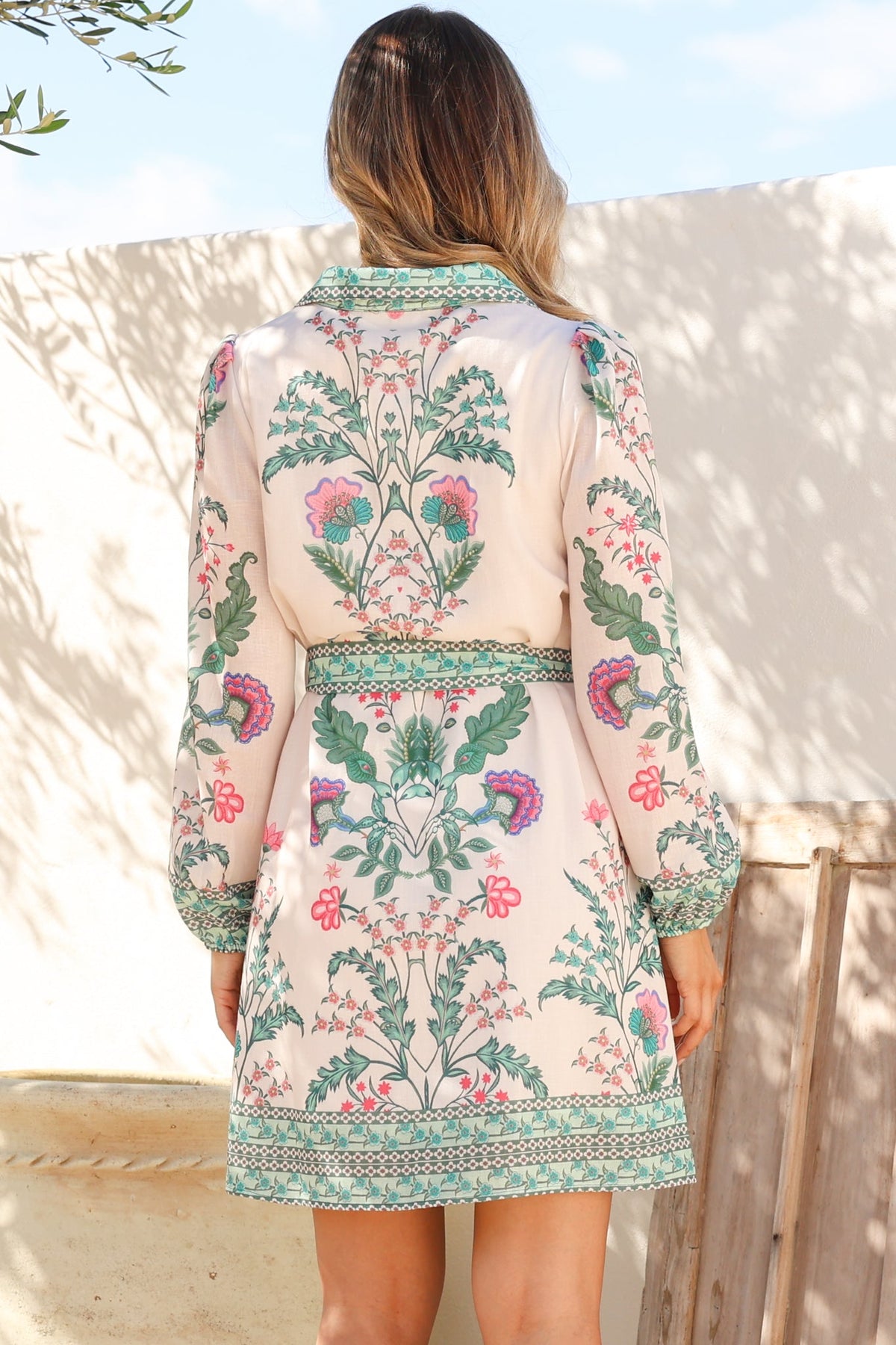 Twylar Mini Dress - Wing Collar Long Sleeve Shirt Dress with Matching Belt in Rowan Print