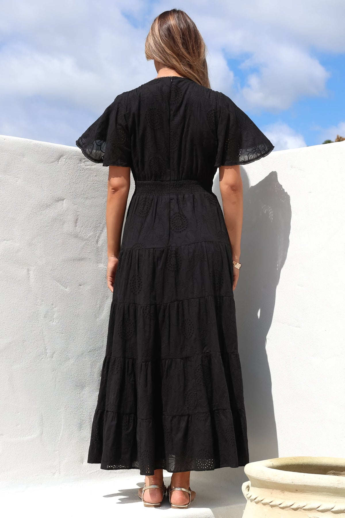 Yelena Maxi Dress - Embroidered Floral Tiered A-Line Dress in Black