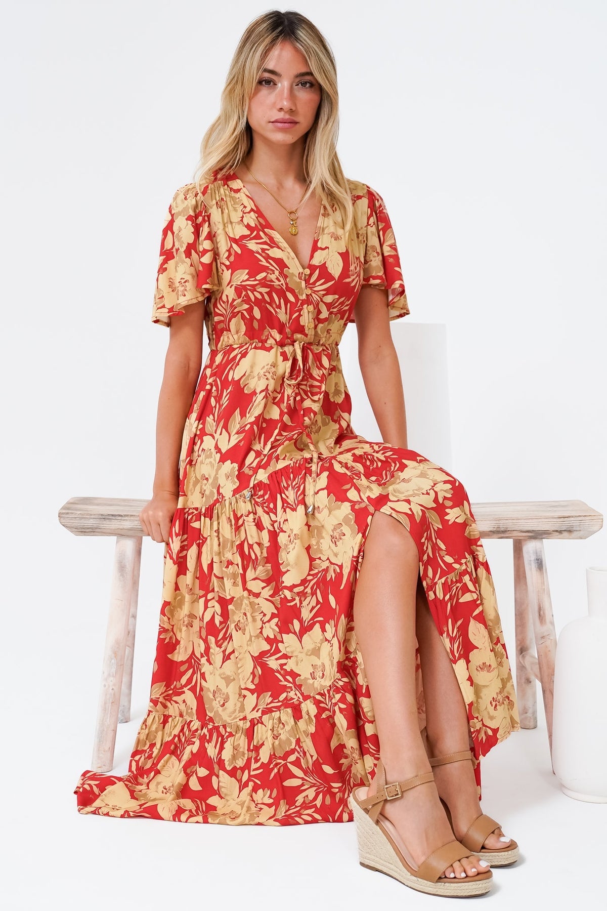 Ziggy Maxi Dress - Cap Sleeve Tiered Dress with Pull Tie Waist in Chianti Print Red