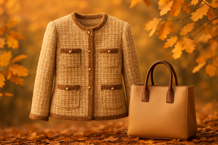 a lovely detail jacket for autumns background Woven Boucle Huns tote small design in main color Beige and the other color brown