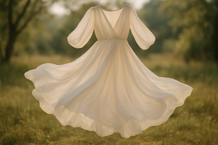 a Lovely dress flowey in out door light area with Silk Chiffon Wide -Off White
