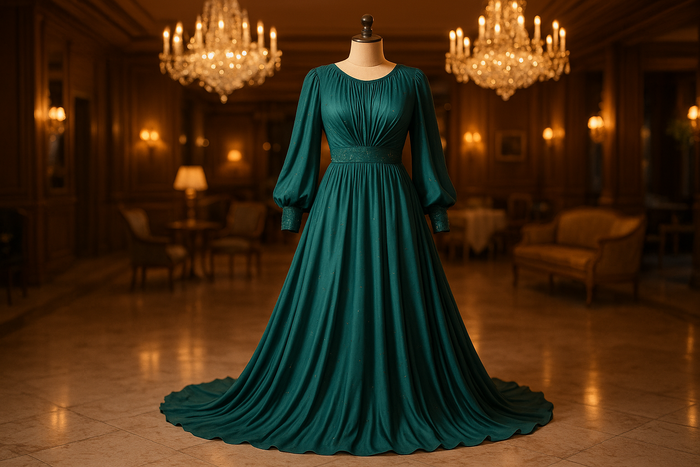 a lovely detailed dress in party room for teal color rayon dress