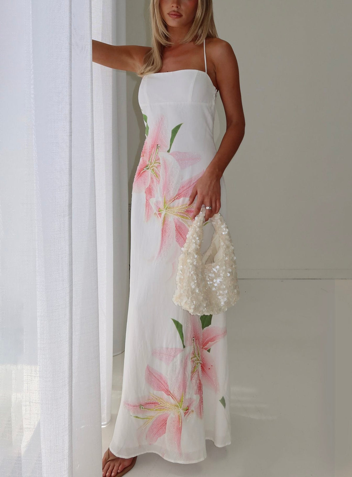 Anny Beaded Maxi Dress White Floral