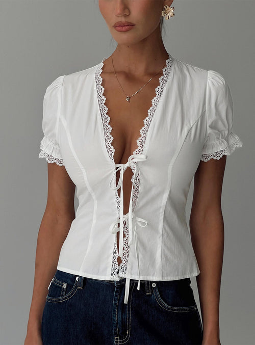 Abundance Tie Up Lace Trim Top White