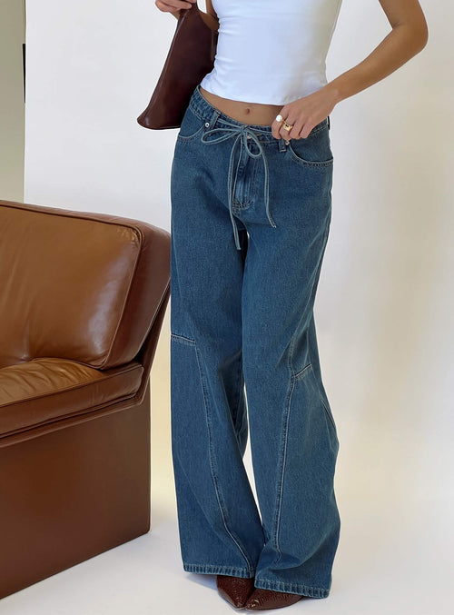 Bruiser Tie Waist Mid Rise Wide Leg Jeans Mid Blue Wash